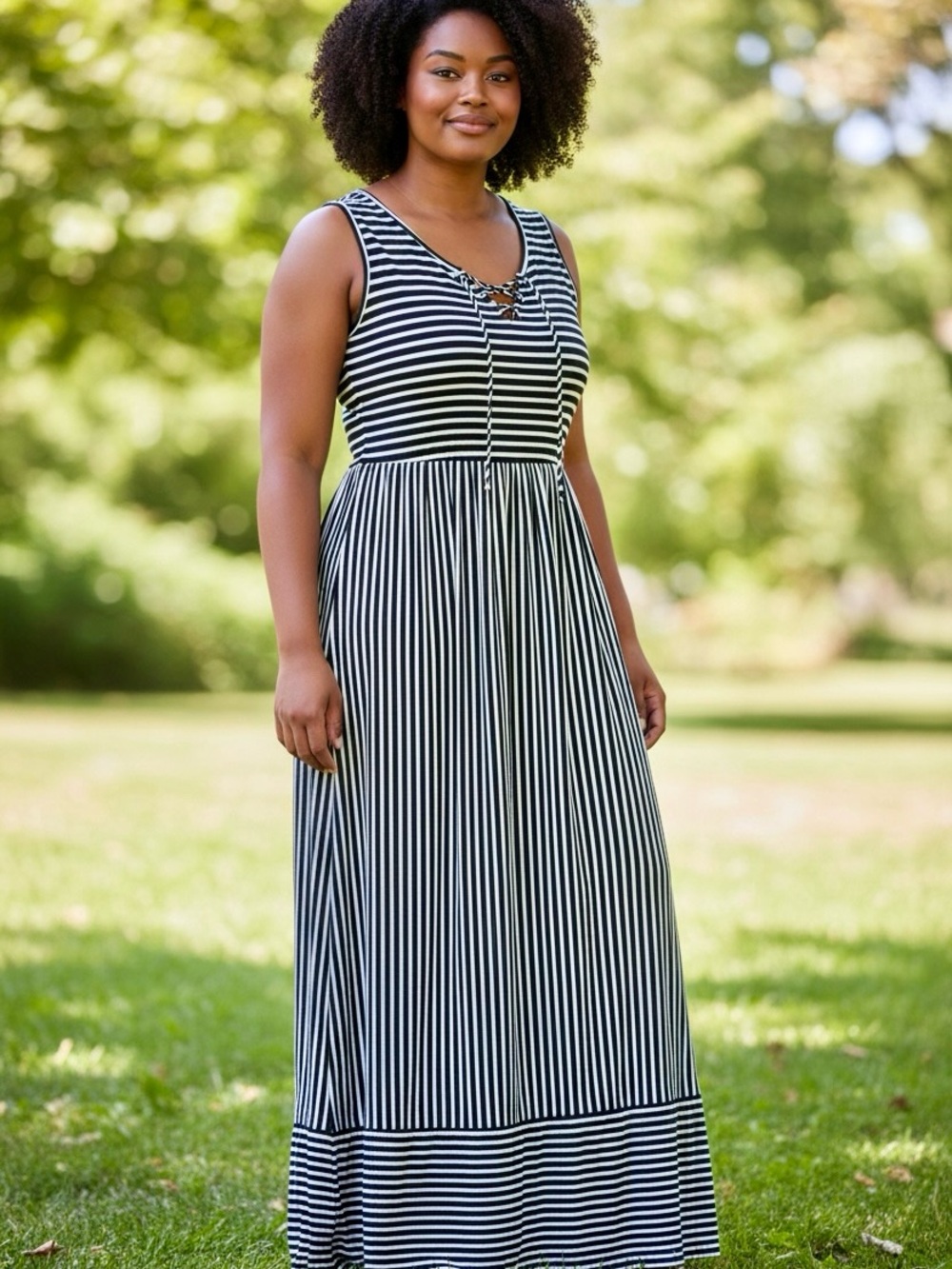Stretchy Maxi Black+White Stripes Easy Wear Nautical Lace Up Tie - XL